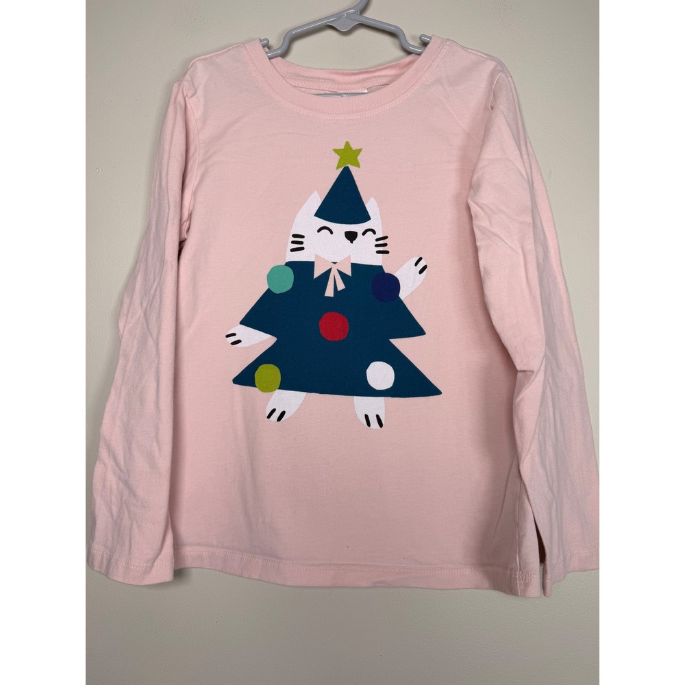 Hanna Andersson Girls Pink Christmas Cat Tree Long Sleeve Graphic Tee Size 8 130